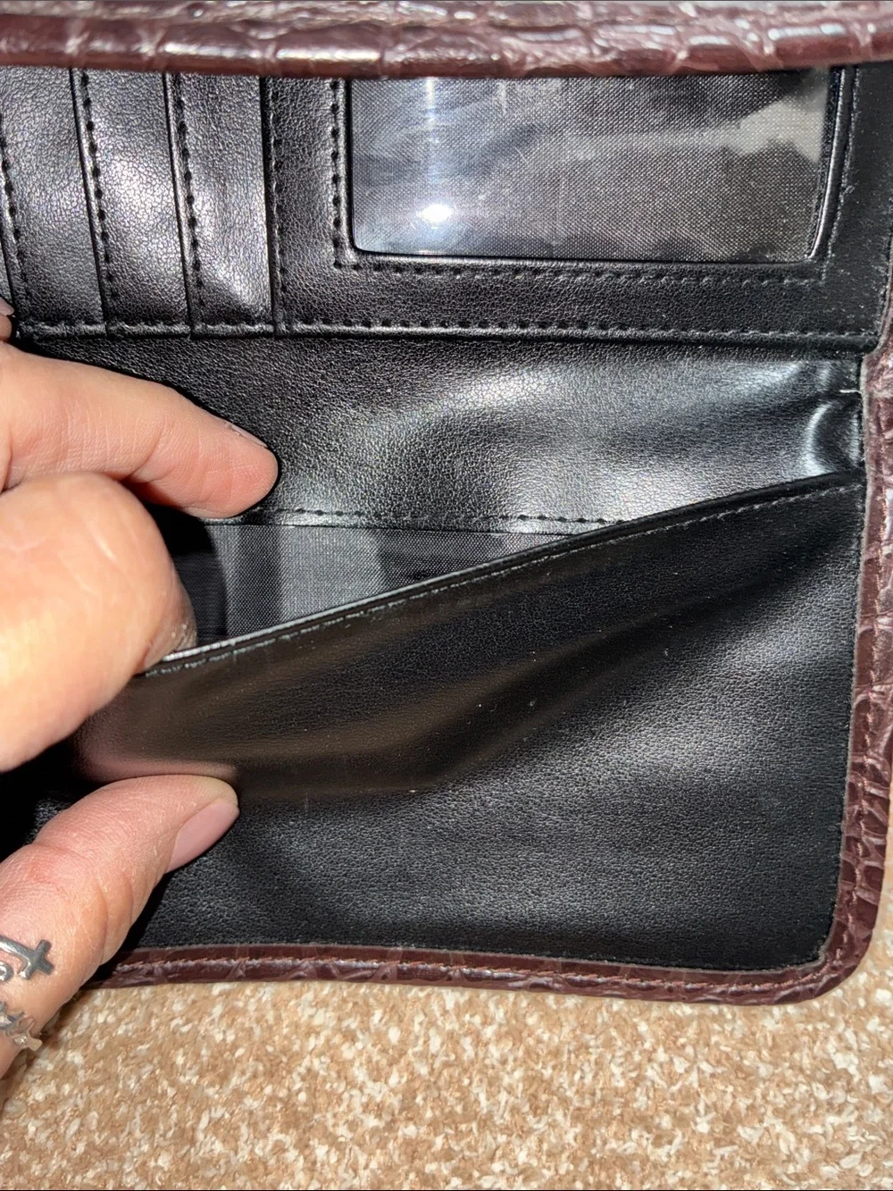 Black and Dark Brown Croc-Trim Wallet with Gold Heart Accent